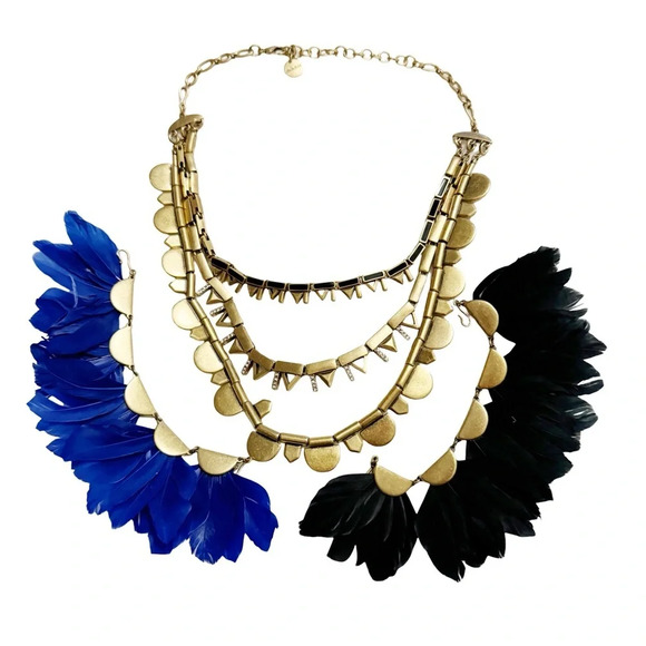 Stella & Dot || Plume Multi Tiered Necklace Black & Blue Feather Included - Picture 2 of 4